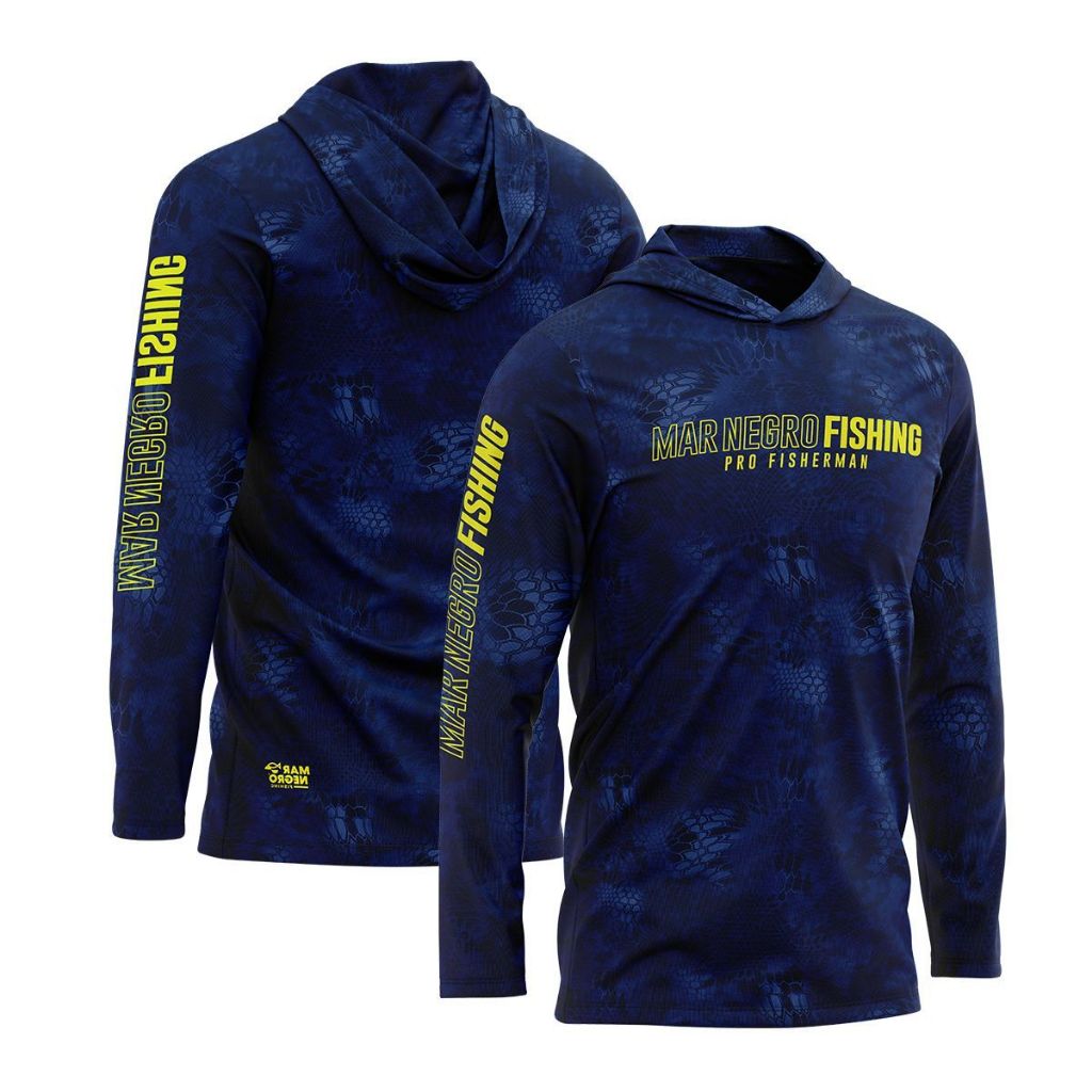 Camisa Sublimada Proteção Solar UV Preto Blue Com Capuz - Mar Negro - Sports & Outdoors