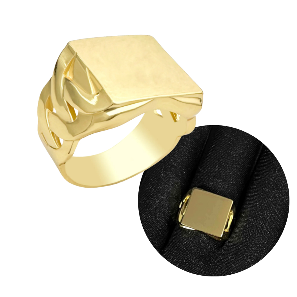 Anel de Ouro 18k Liso Quadrado Lateral Traçada Banhada a Ouro - Garimpo de Ouro