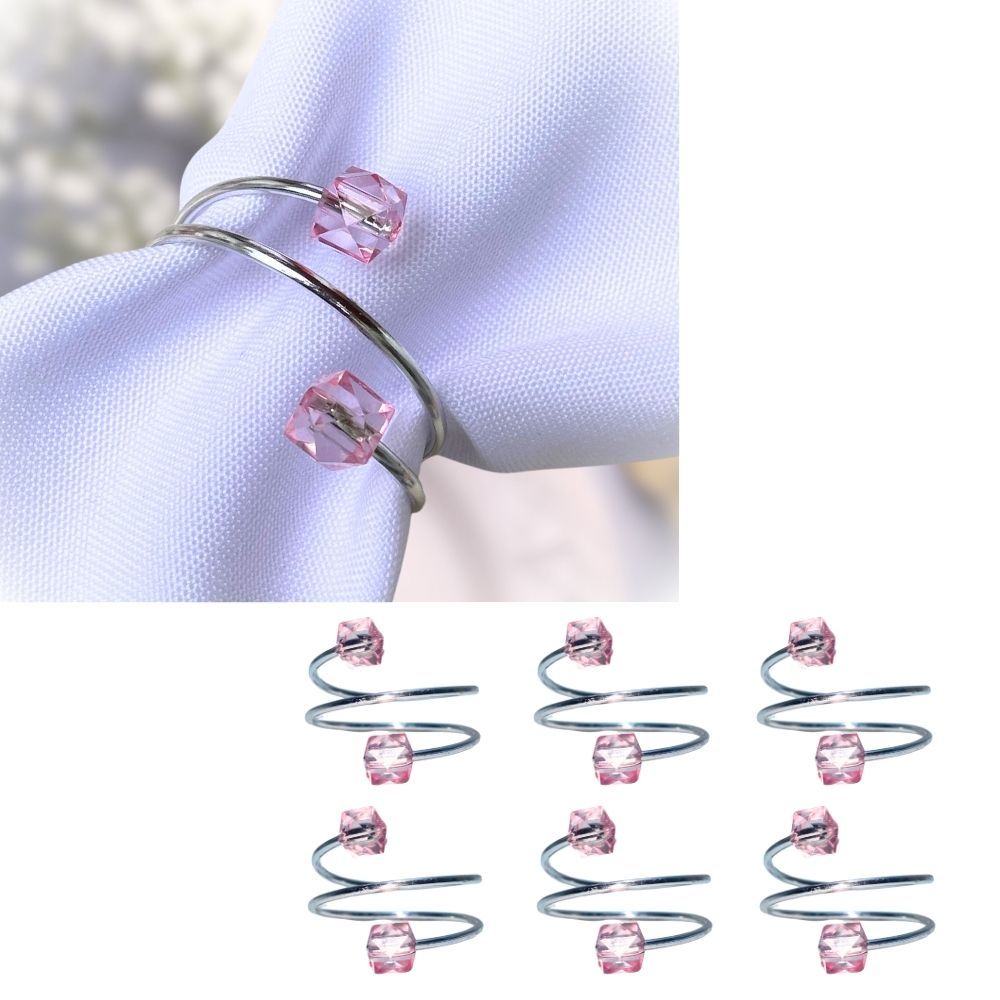 Kit com 06 Porta Guardanapo Metalico Com Cristal Rosa para Mesa Posta de Jantar Casamento