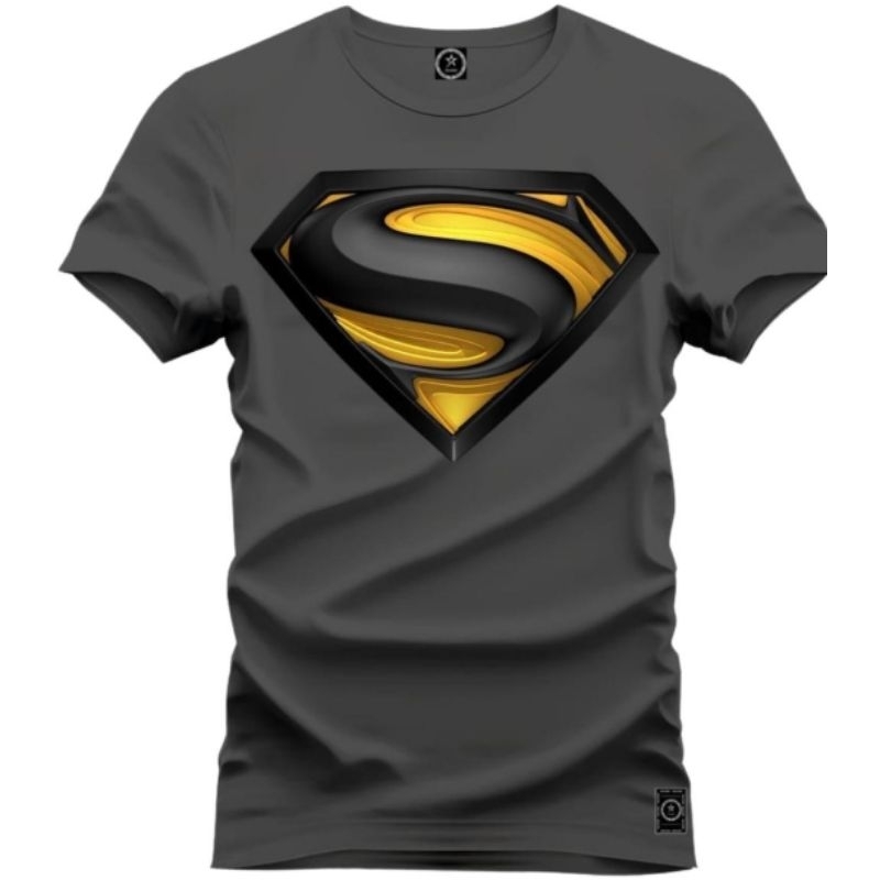 camiseta estampada super homem preto e amarelo 100% algodao em Oferta na Shopee