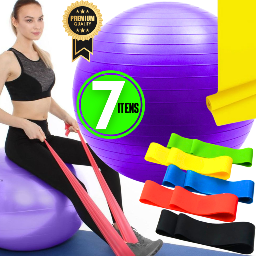Imagem Kit Bola Suiça Pilates Fisio 45cm + Faixa Elastica + 5 Mini Band