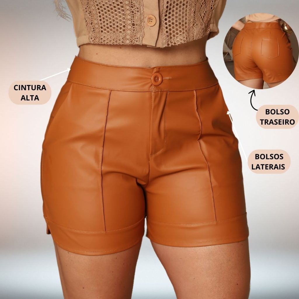 Detalhes do Short Courino Feminino Elegante Cintura Alta com Bolsos Botão e Zíper P ao G2