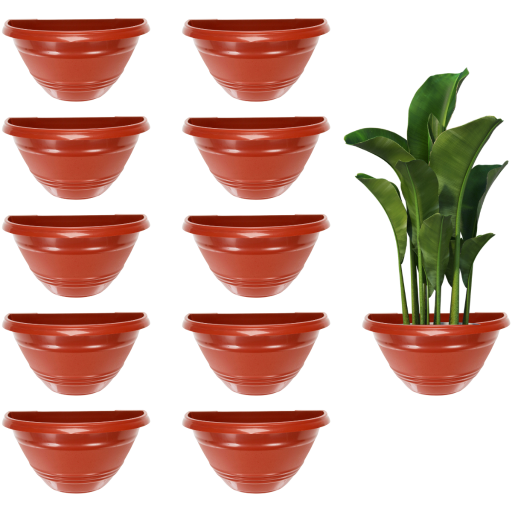 Kit 10 Vaso de Parede 1000ml Marrom Terracota Meia Lua de Plastico Plantas Flores Decoracao Vertical