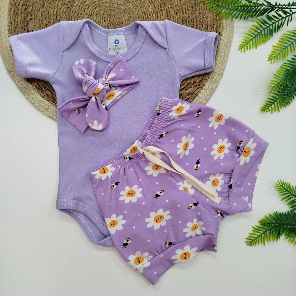 Conjunto de Bebê Menina Body e Short e Tiara Malha Algodão