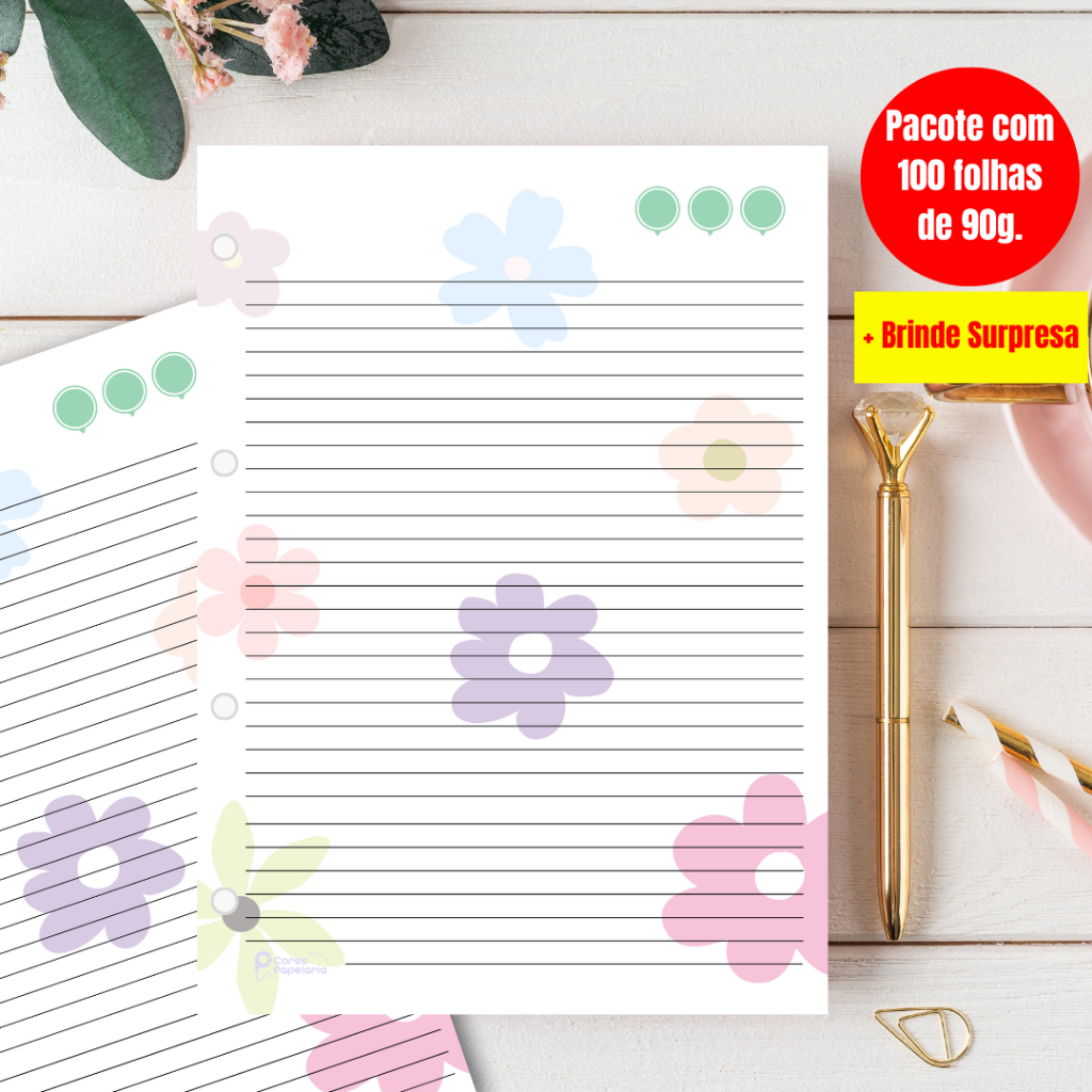 Refil para Fichário e Caderno de Argola 90g 100 Folhas Personalizadas | Material Escolar | Alegria