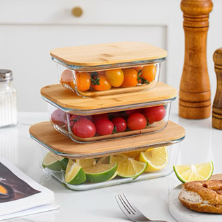 Kit 3 Potes de Vidro Com Tampa de Bambu  Organizador de Geladeira Marmita Forno Microondas...