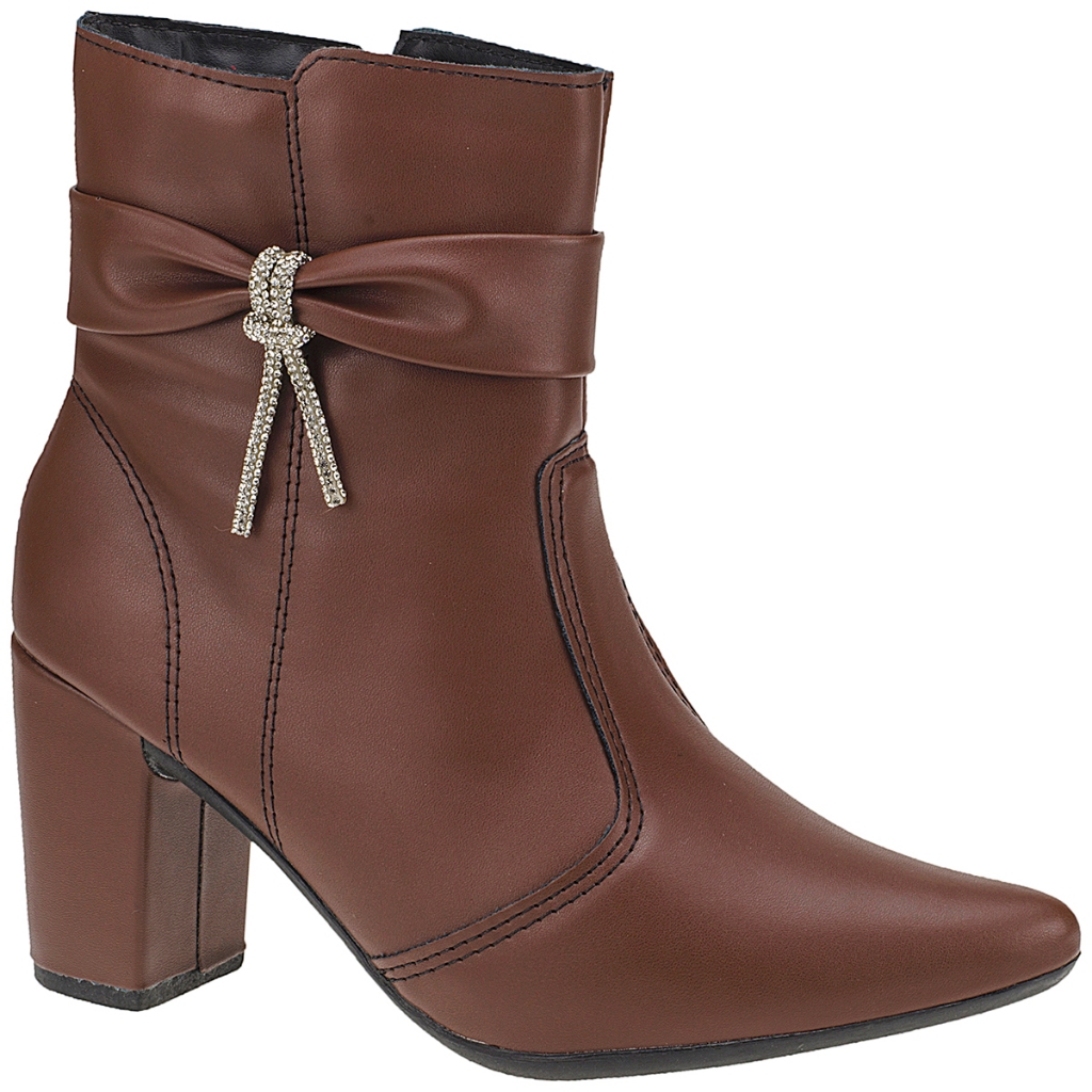 Bota Feminina Bico Fino com Zíper Lateral Cano Curto Salto com Acessório Lacinho 204