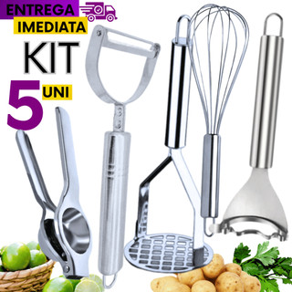 Kit 5 Espremedor de Limão Premium Inox Amassador batatas Batedor de Ovos Fue descascador legumes em Oferta na Shopee