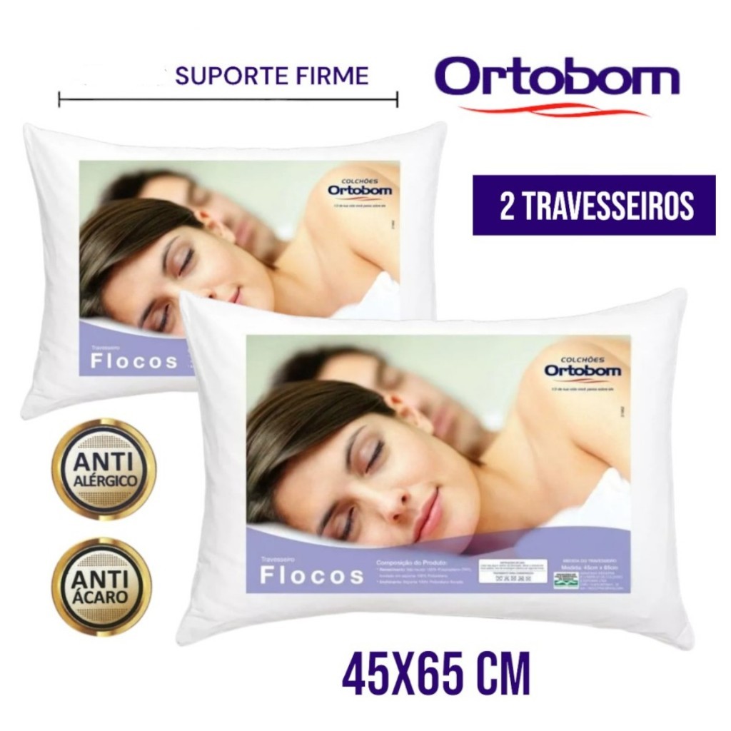 Kit 2 Travesseiros Ortobom mais Firme e alto 45x65cm Antialérgico antiácaro Flocos de espuma flocado