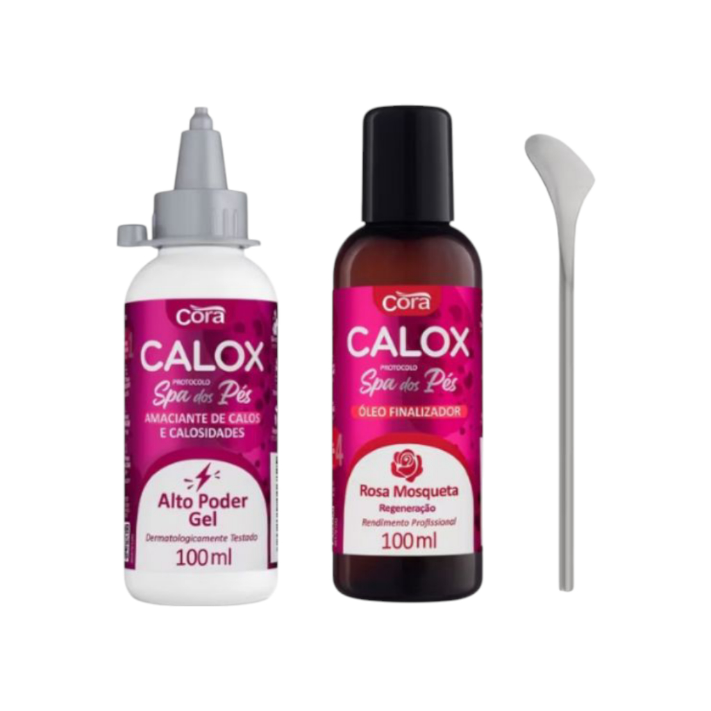 Spa dos Pes: Amaciante Calox Gel + Finalizador Com Óleo Rosa Mosqueta +Espátula 222 - Cora