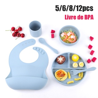 Baby Tableware 6/8 Peças Talheres Silicone Infantil Com ventosa Canudo Colher Babador em Oferta na Shopee
