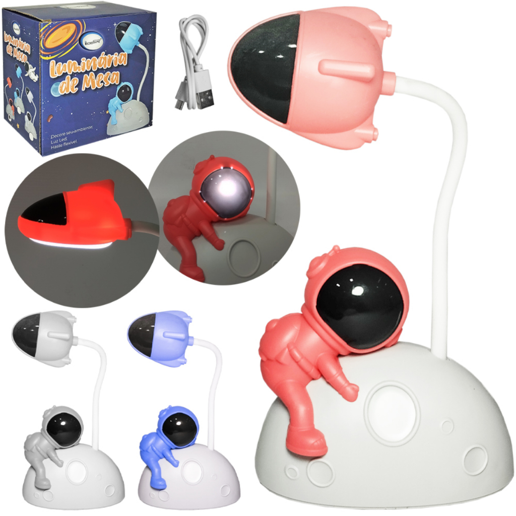LUMINARIA DE MESA FLEXIVEL RECARREGAVEL 9 LEDS + BASE ASTRONAUTA E CABO USB