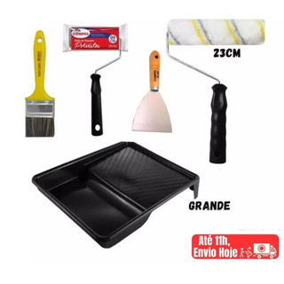 Kit De Pintura Parede 6 Peças Rolo Lã Anti Respingo 23cm Pincel Espátula Rolo Espuma 9cm E Bandeja