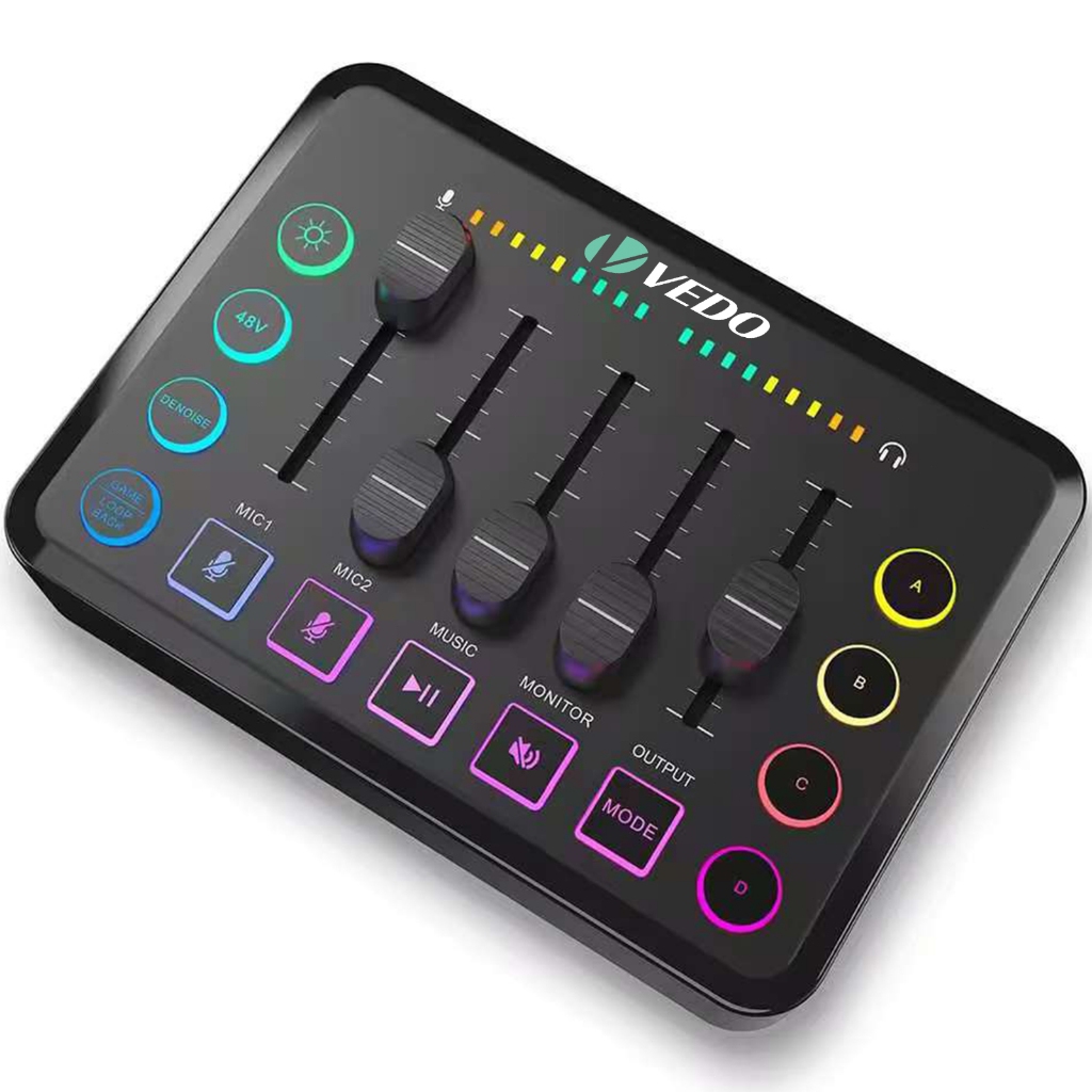 Mixer de áudio para jogos VEDO, mixer RGB de interface de áudio recarregável com interface de microfone XLR, alimentação em Oferta na Shopee