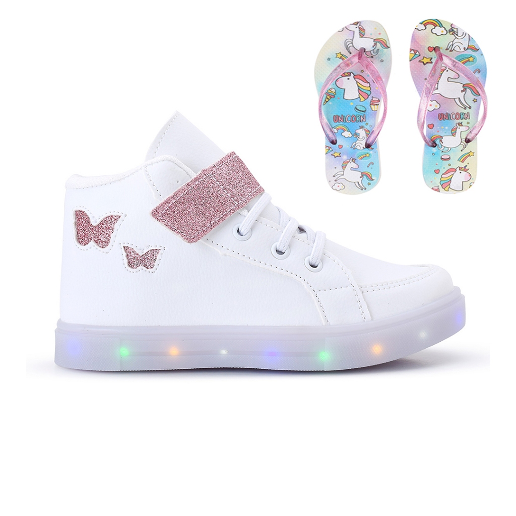 Tenis Infantil De Led Meninas Botinha Borboleta + Chinelo em Oferta na Shopee