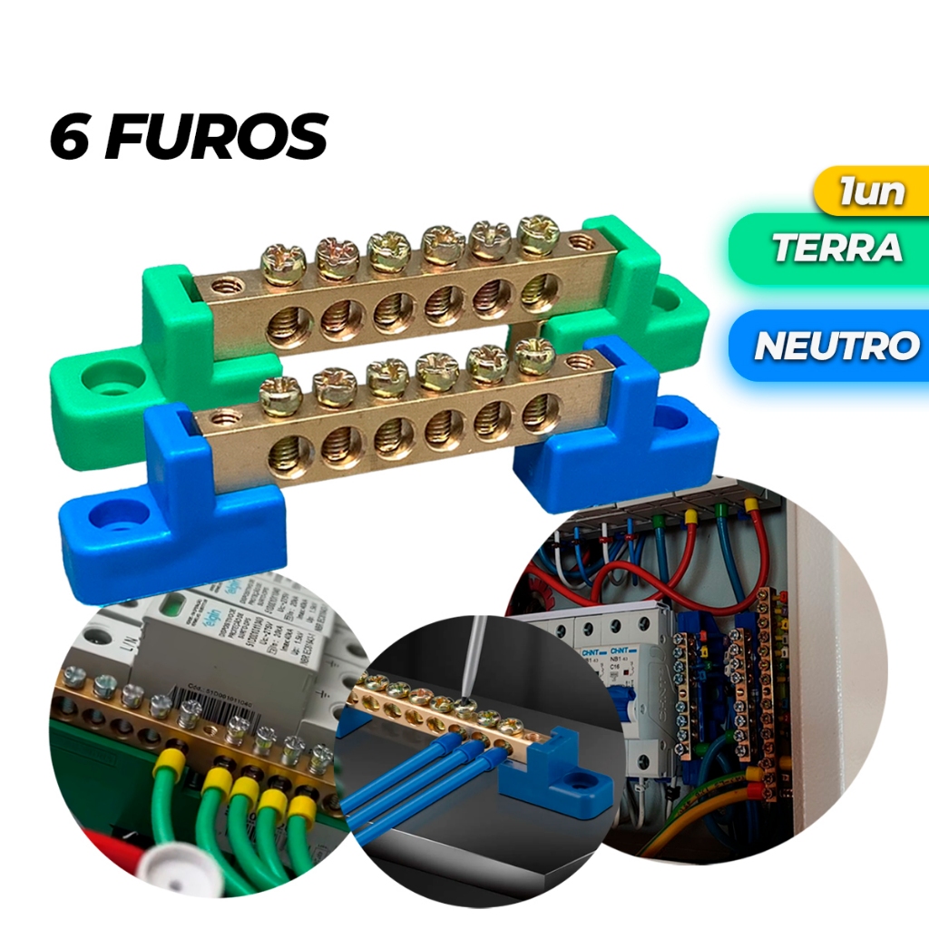 Barramento Elétrico Neutro Ou Terra 6 Furos Fix Parafuso Barra de Distribuição 6 Bornes Vias Saídas