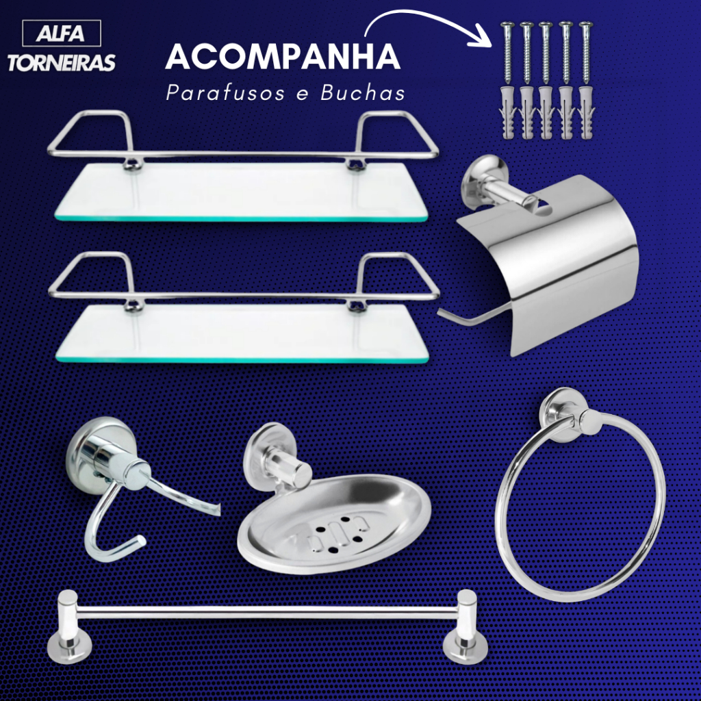 Kit Acessórios para Banheiros 5 peças + 2 Porta Shampoo Reto