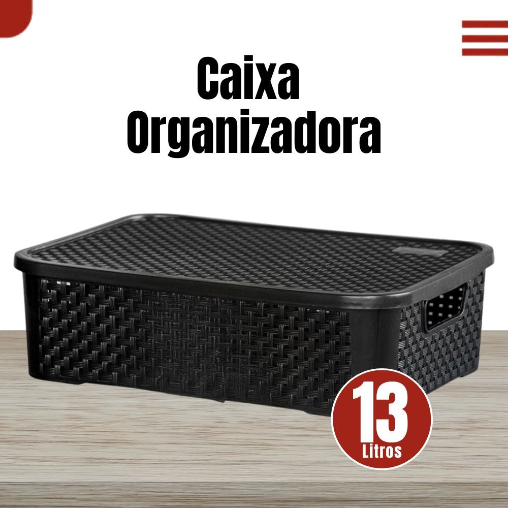Caixa Organizadora Rattan Com Tampa 13 Litros Preto Cesto Organizador Multiuso