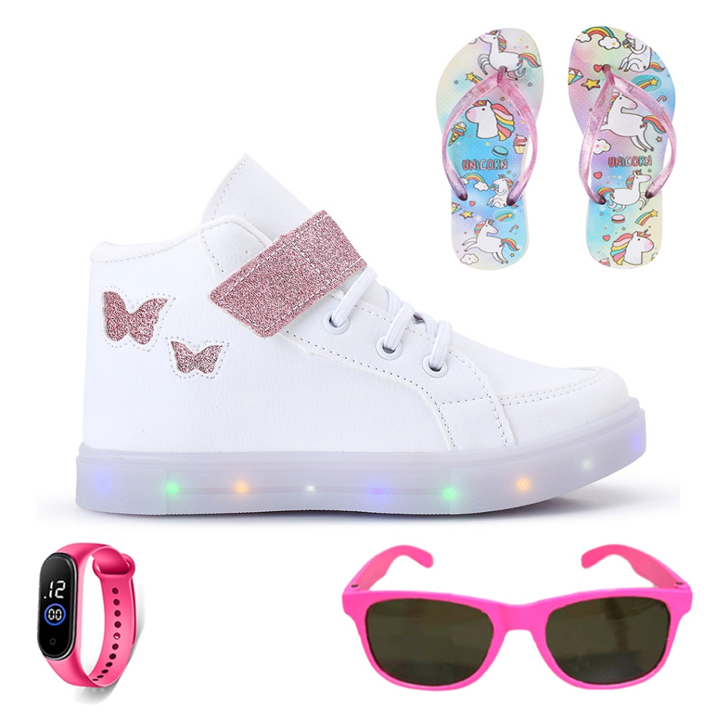 Tenis Infantil De Led Meninas Botinha Borboleta + Chinelo + Oculos + Relogio em Oferta na Shopee