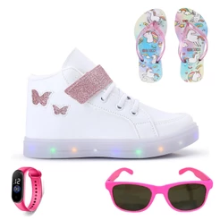 Tenis Infantil De Led Meninas Botinha Borboleta + Chinelo + Oculos + Relogio