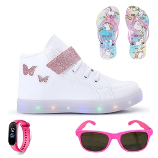 Tenis Infantil De Led Meninas Botinha Borboleta + Chinelo + Oculos + Relogio em Oferta na Shopee