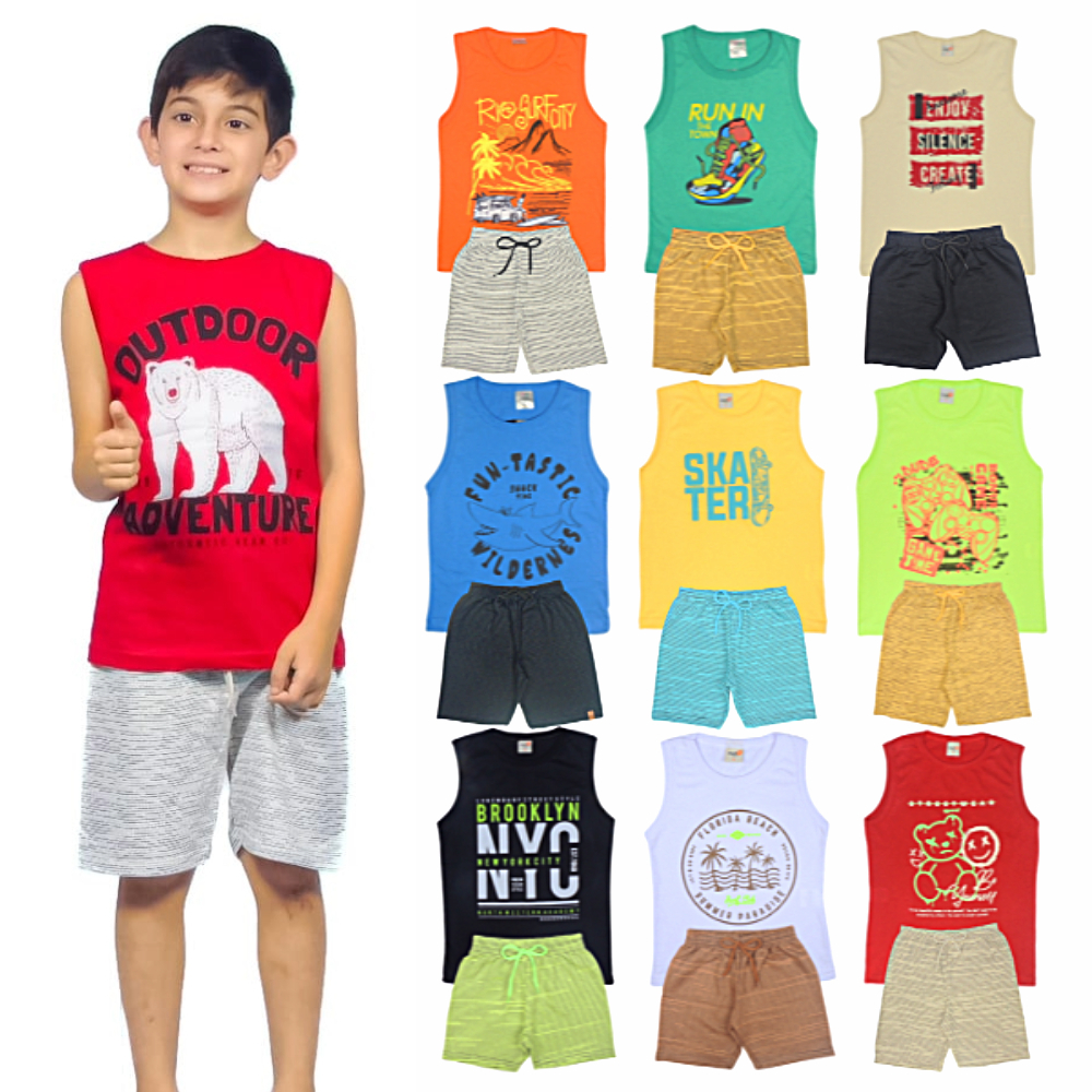 Kit Sortido 10 Peças Infantil Menino 5 Regatas + 5 Bermudas  Kit com 5 Conjuntos Infantil Masculino