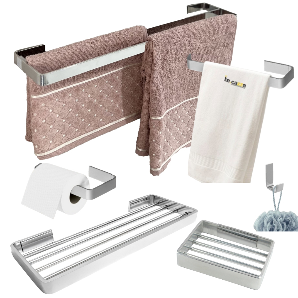 Kit de Banheiro Suporte de Toalhas Casal 50cm Cromado 6 Peças com Saboneteira e