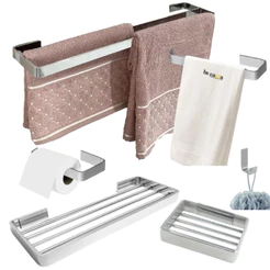 Kit de Banheiro Suporte de Toalhas Casal 50cm Cromado 6 Peças com Saboneteira e Porta Shampoo