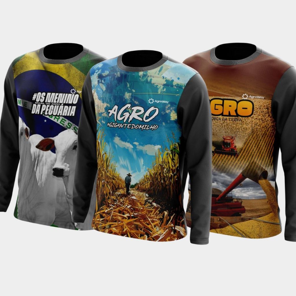 Kit 3 Camisa Camiseta Agro Manga Longa Gola Redonda Proteção UV Solar Plantação Trabalho Roça Campo Produtor Rural Gado
