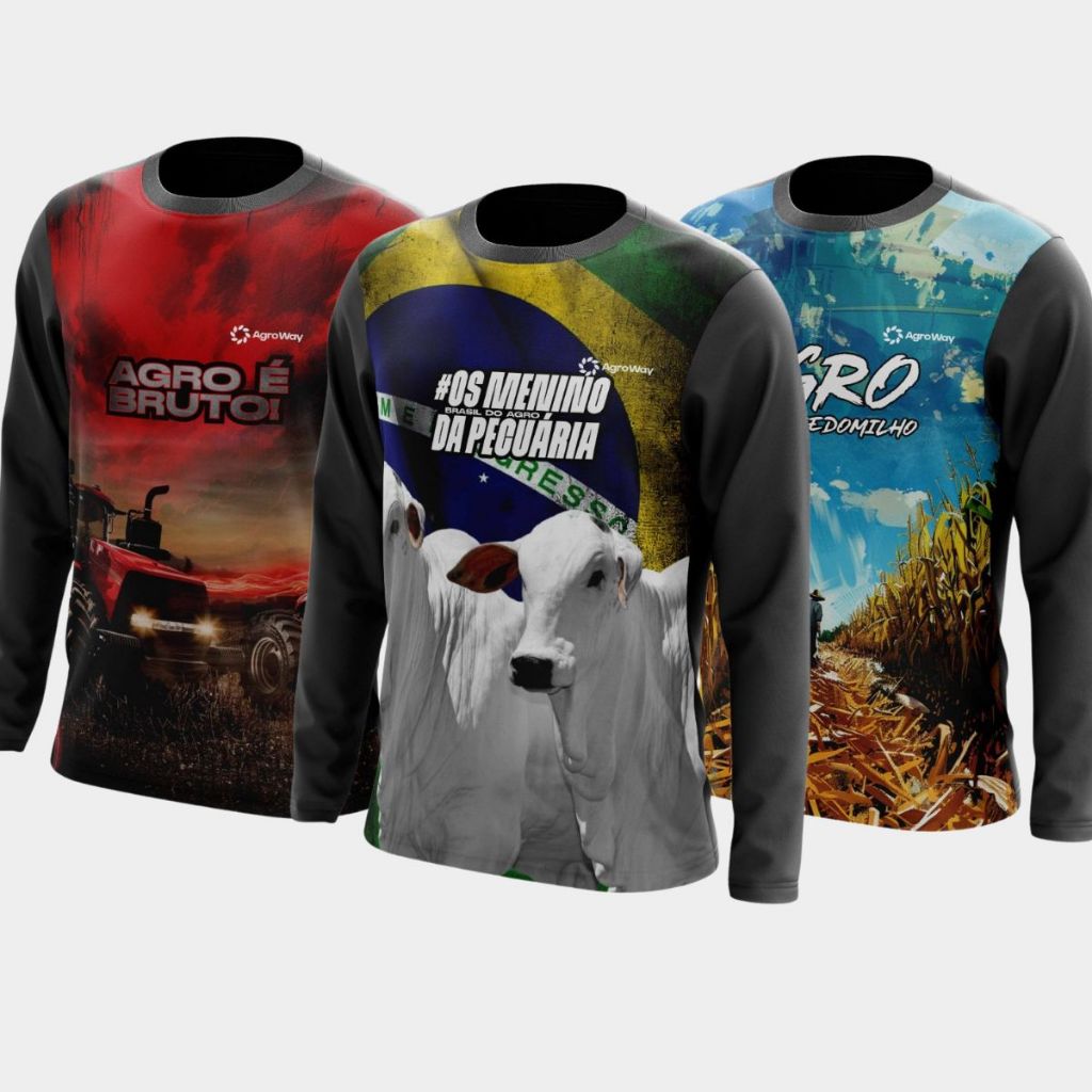 Kit 3 Camisa Camiseta Agro Manga Longa Gola Redonda Plantação Café Colheita Soja Pecuária Gigante Milho Trabalho Campo