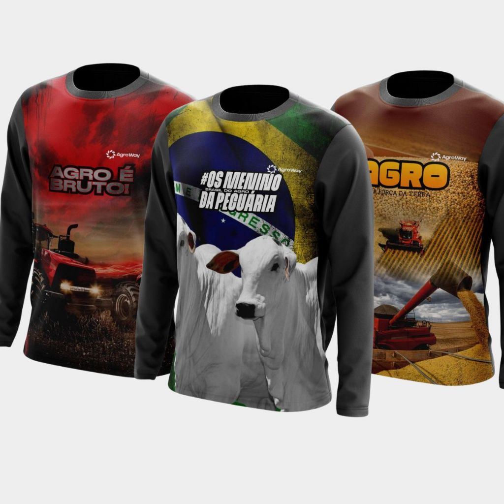 Kit 3 Camisa Camiseta Agro Manga Longa Proteção UV Solar Gola Redonda Plantação Cana Açúcar Soja Café Trabalho Campo Boi