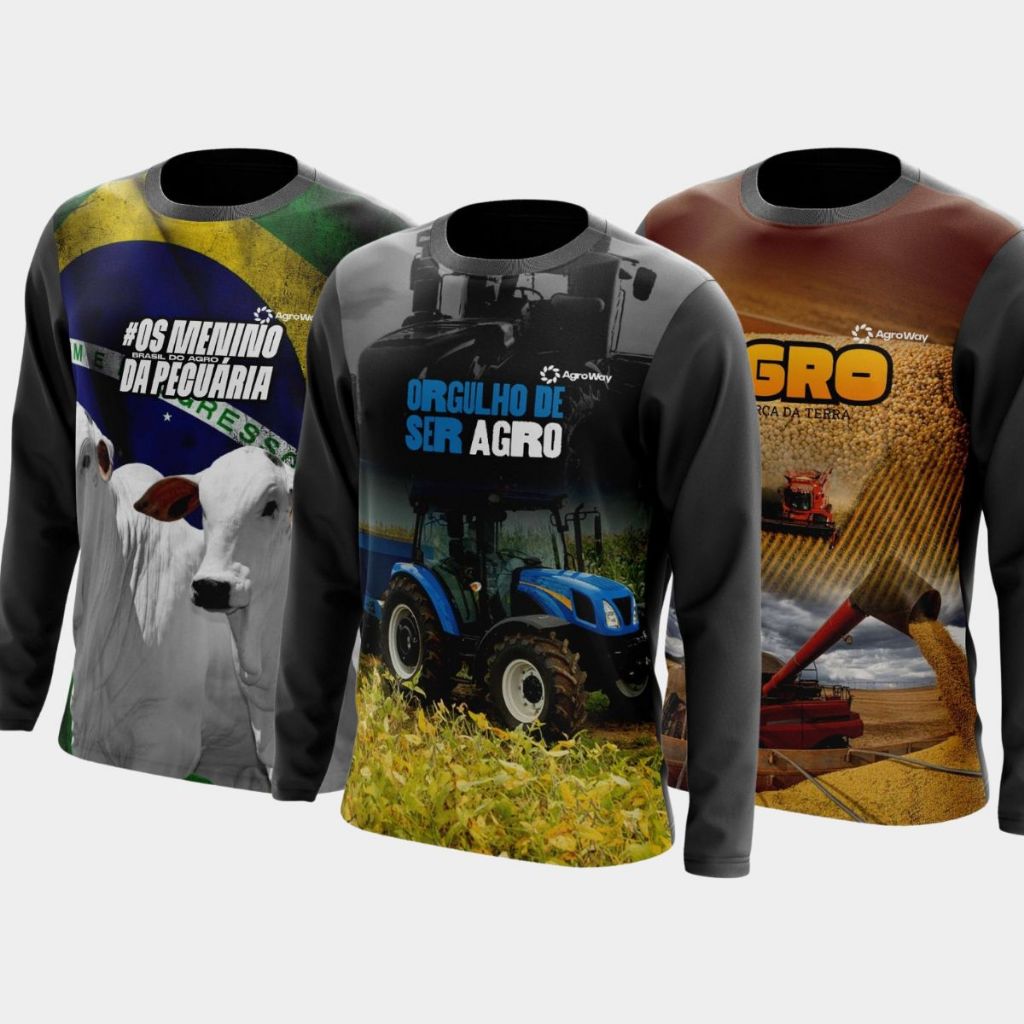 Kit 3 Camisa Camiseta Agro Manga Longa Gola Redonda Proteção Solar UV Plantação Café Soja Trabalho Café Campo Roça Gado