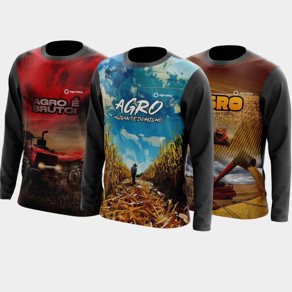Kit 3 Camisa Camisa Camiseta Agro Manga Longa Gola Redonda Trabalho Campo Roça Colheita Plantação Café Soja Gado Brasil