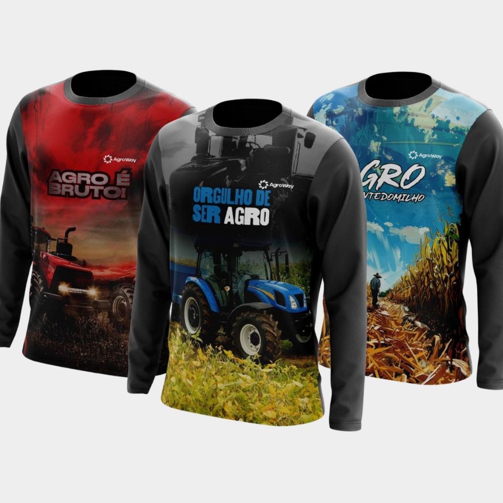 Kit 3 Camisa Camiseta Agro Manga Longa Gola Redonda Menino Pecuária Plantação Café Soja Colheita Trabalho Campo Roça Boi