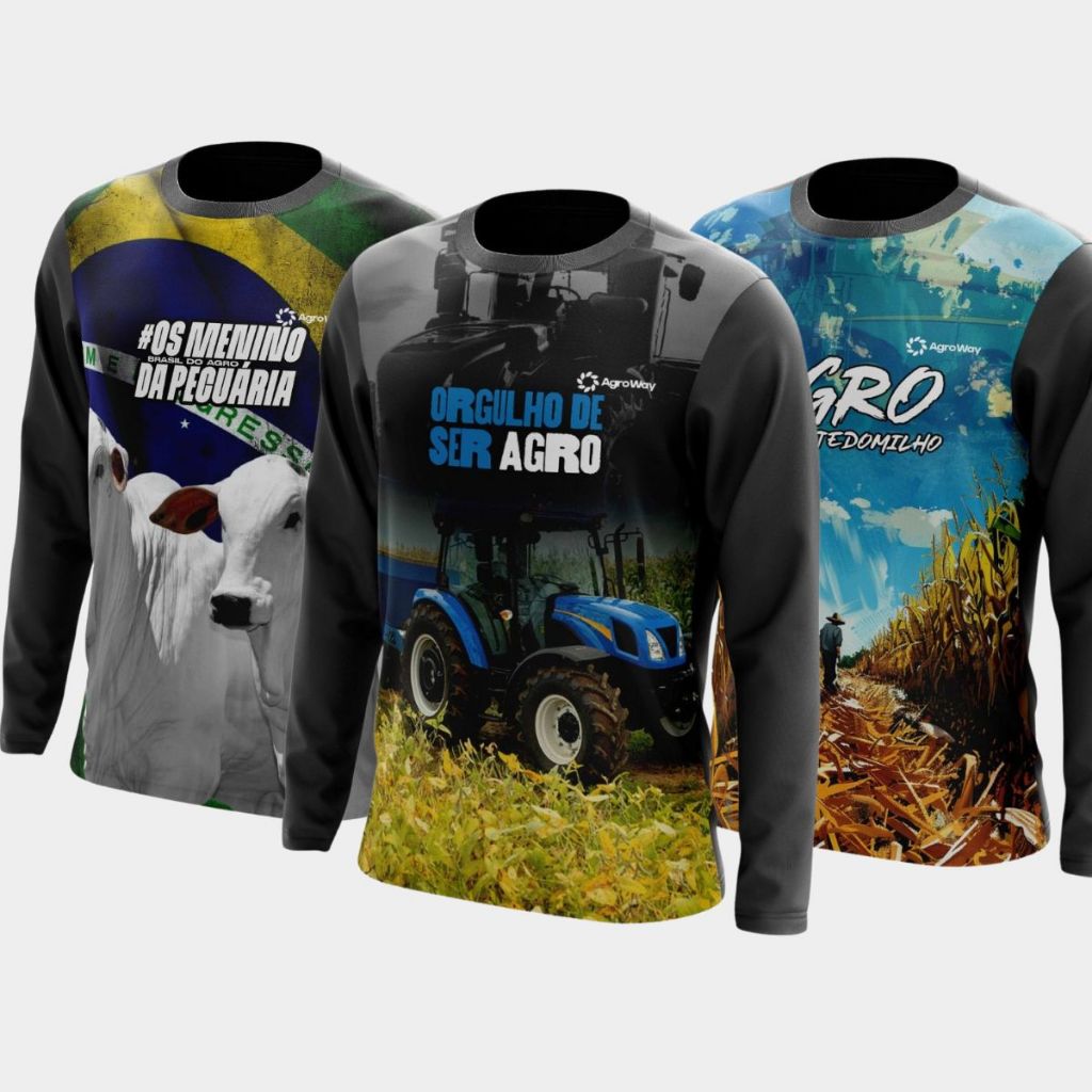 Kit 3 Camisa Camiseta Agro Manga Longa Gola Redonda Proteção UV Plantação Soja Colheita Café Lavoura Produtor Rural Gado