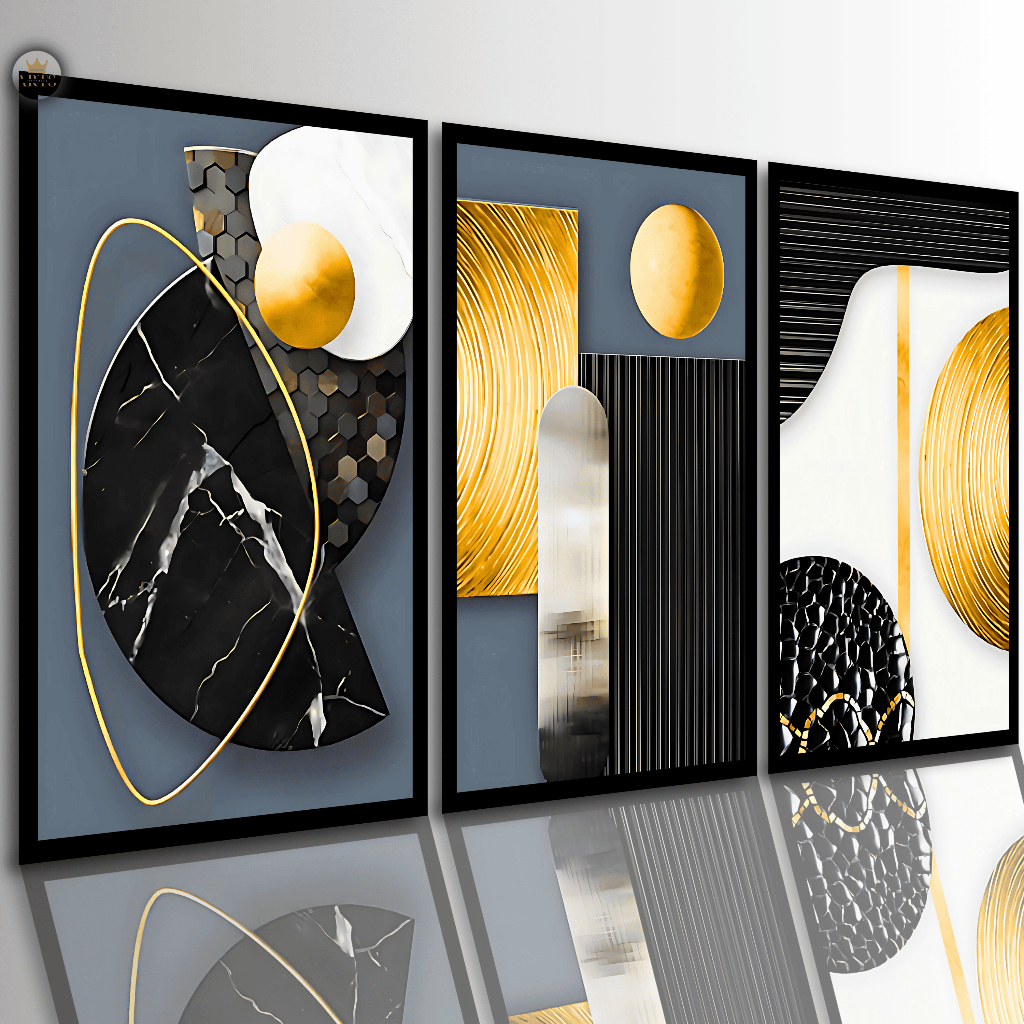 Quadros Decorativos 3 Peças Geometria Full Hd Arte Abstrata Golden Sala Quarto