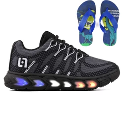 Tenis Infantil De Led Meninos Casual Preto Preto Com Luzes + Chinelo