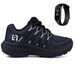 Tenis Infantil Meninos Casual Escolar Preto Preto + Relogio