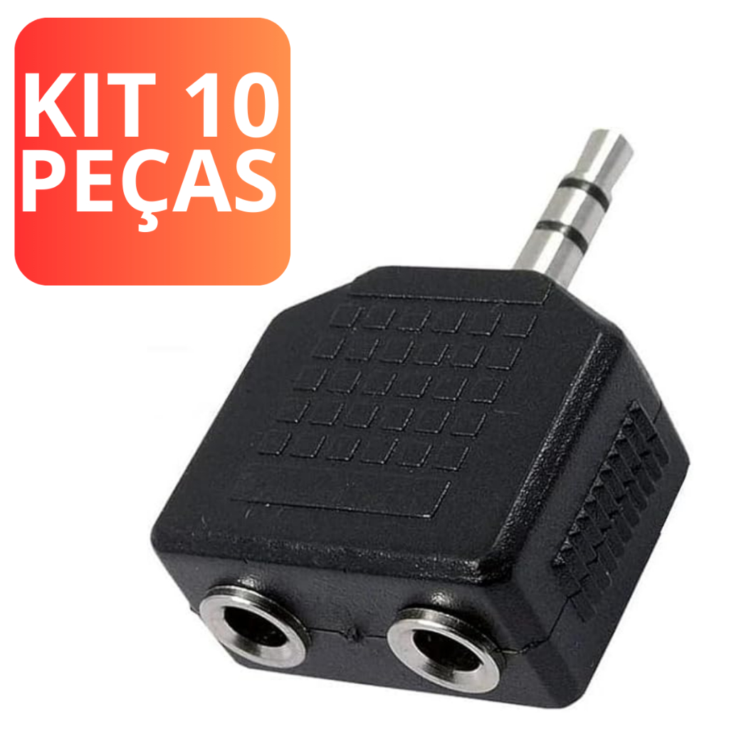 Kit 10 Adaptador de Áudio P2 Jack P2 Duplo 3,5mm para Fone de Ouvido Splitter Divisor de Sinal