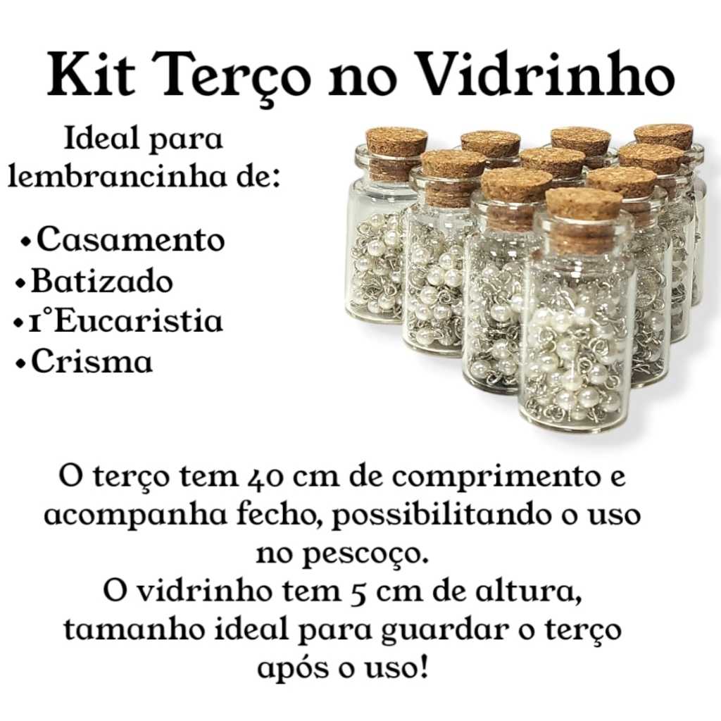 Kit 15 Terço Lembrancinha No Vidrinho Perola Branco Pescoço 1° Eucaristia Crisma Batizado
