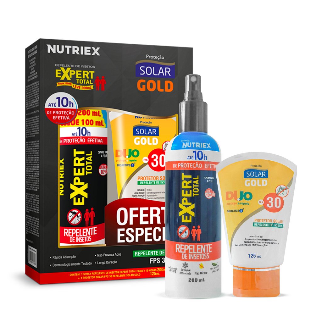 Kit Spray Expert Total Family 10 Horas Repelente Insetos 200ml + Protetor Solar Repelente Gold Duo FPS 30 125ml Nutriex - Beauty