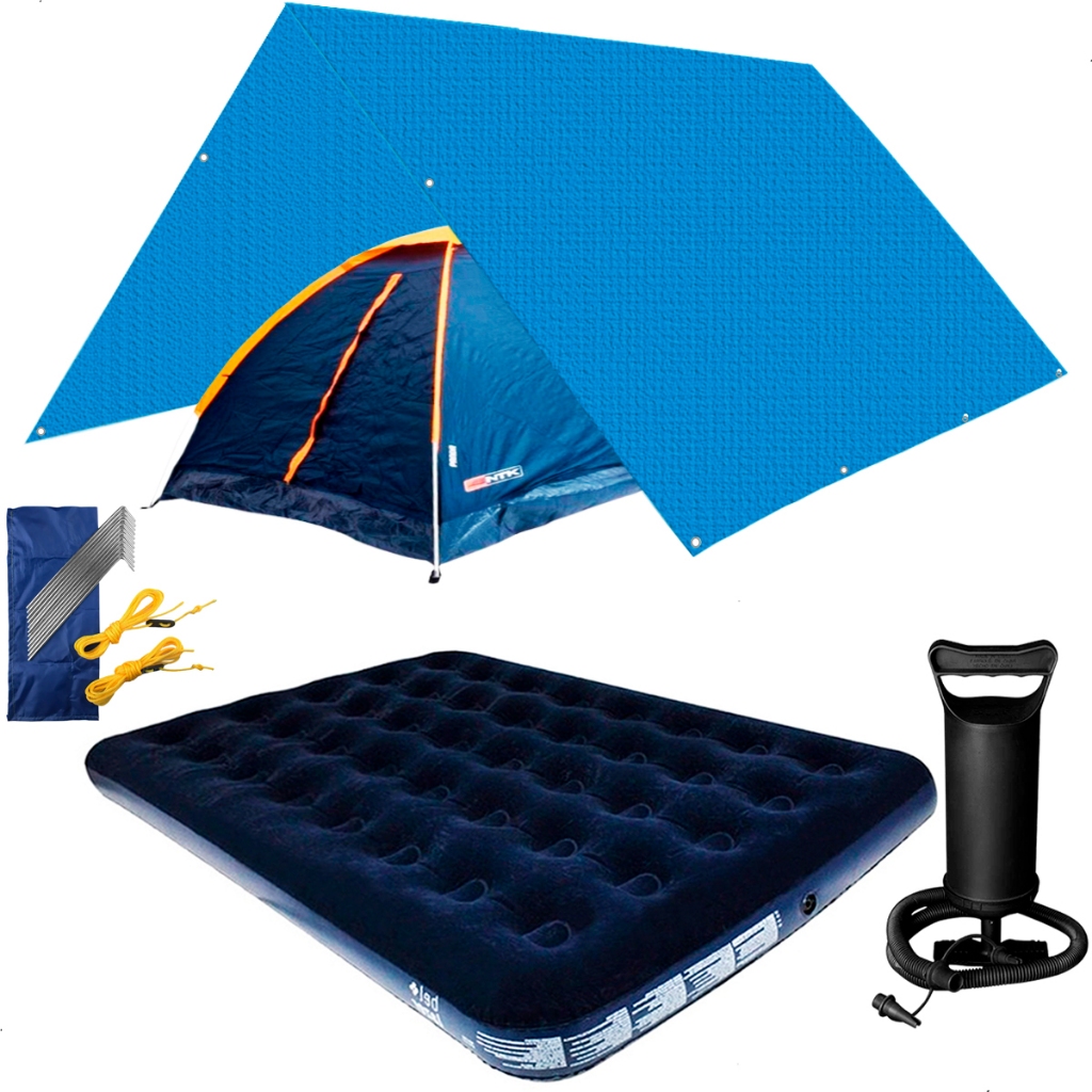 Kit Barraca Panda 2 Pessoas + Colchão Casal Com Inflador + Toldo Lona 3m + Conjunto Estacas Camping