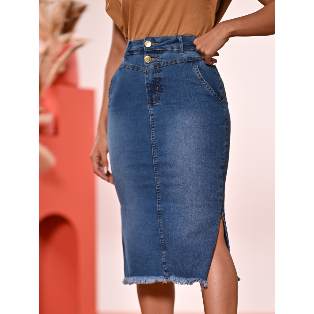 Saia Jeans Secretária Midi Tradicional Anagrom Moda Feminina Evangélica Ref.249