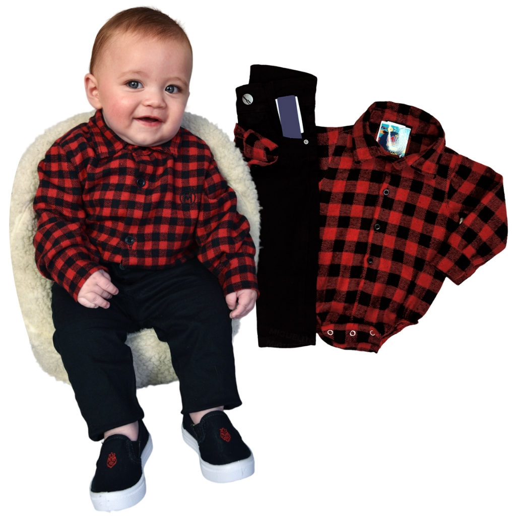 Roupa Body Xadrez Flanelado e Calça Preta Festa Junina Conjunto Xadrez Bebê Menino Junino