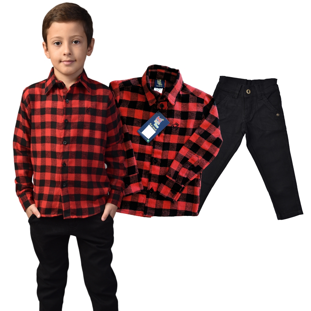 Roupa Camisa Xadrez Flanelada e Calça Preta Festa Junina Conjunto Xadrez Infantil Menino Junino