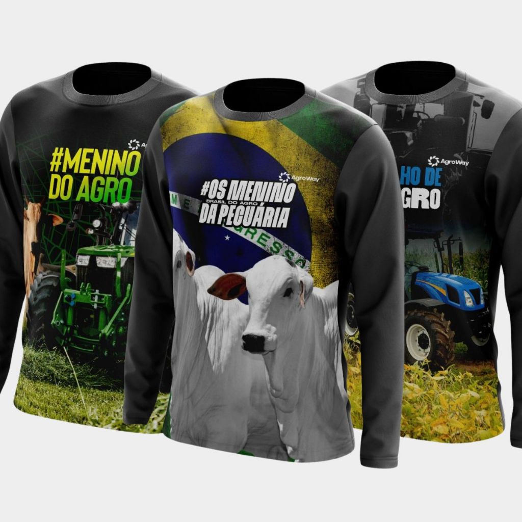 Kit 3 Camisa Camiseta Agro Manga Longa Gola Redonda Meio Ambiente Campo Roça Trabalho Pecuária Orgulho Brasil Gado