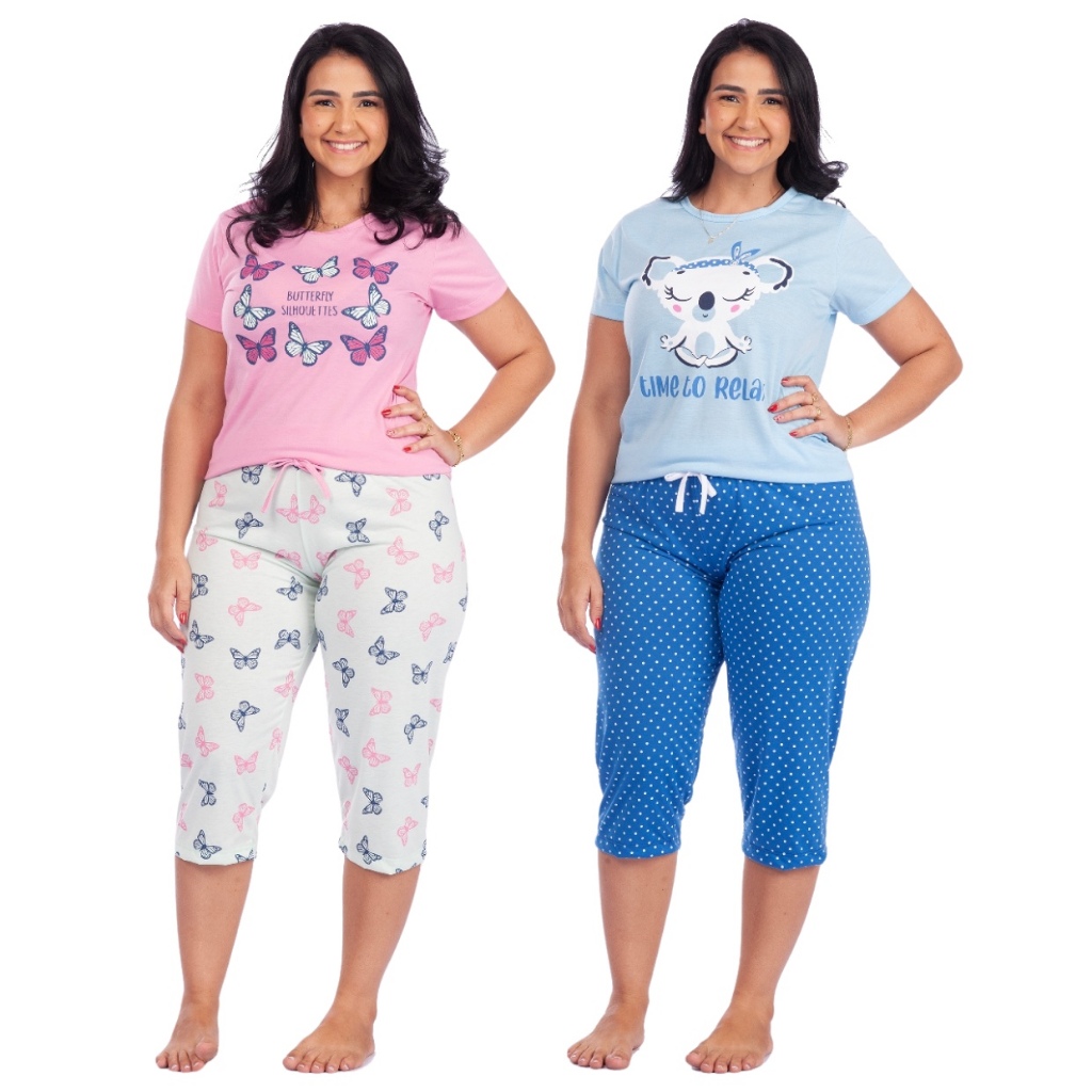 Kit 2 Pijamas Feminino Pescador Adulto Manga Curta E Bermuda Capri Verão Estampado Malha Confortável