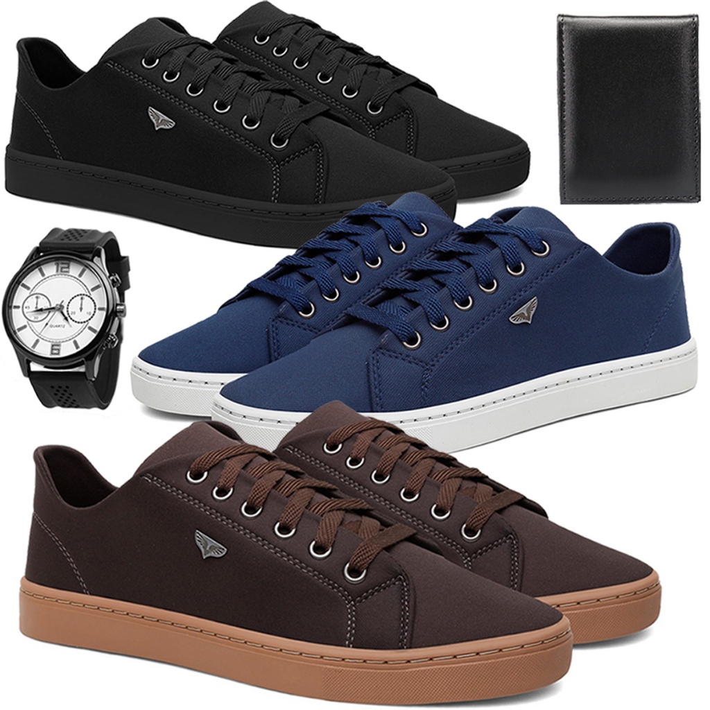 Kit 3 Tênis Masculino Casual Dia a Dia Leve e Macio + Relógio de Ponteiros Carteira PROMOÇÃO BARATO