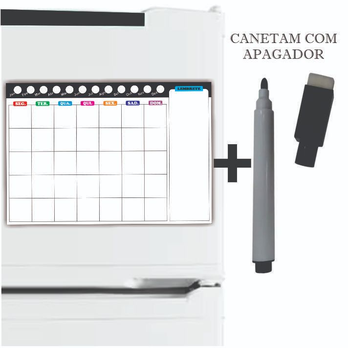 Imã de Geladeira Planner Mensal com Caneta com Apagador na Ponta