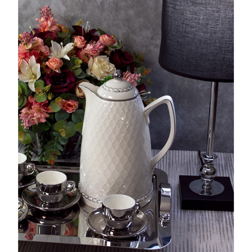 Garrafa Térmica Wolff de Porcelana Branco/Prata - Home & Living